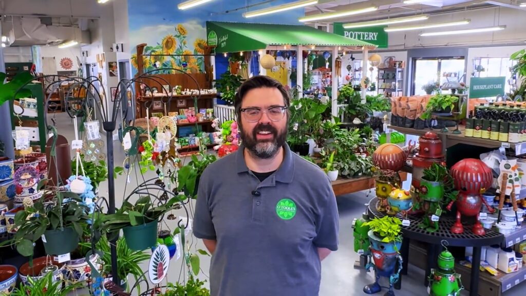 Pat OTooles at OTooles Garden Centers with hummingbird feeders and garden decor
